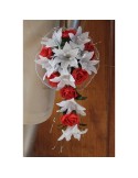 Bouquet de Mariée tombant thème lys, roses, perles rouge/blanc