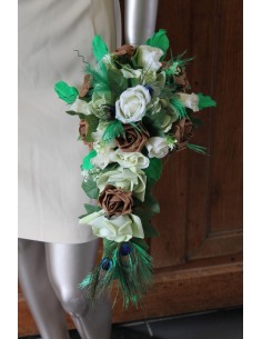 Bouquet de Mariage Cascade thème Paon Chocolat Vert Ecru