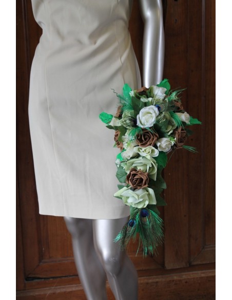 Bouquet de Mariage Cascade thème Paon Chocolat Vert Ecru