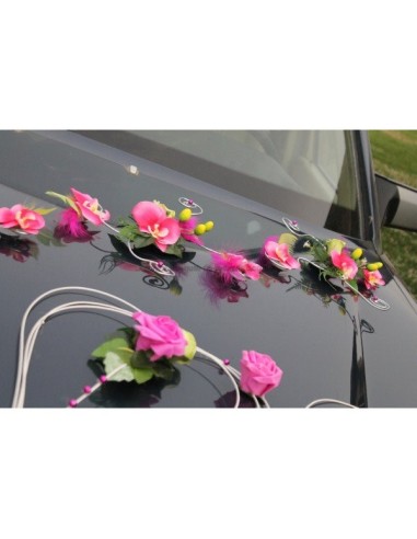 Belle décoration de voiture de mariage thème vert anis fuchsia