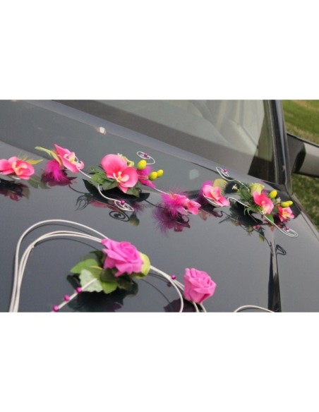 Belle décoration de voiture de mariage thème vert anis fuchsia