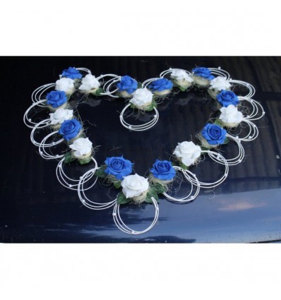 Décoration voiture mariage cœur bleu et blanc