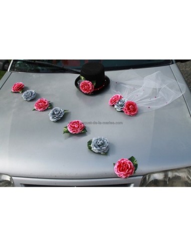 Fleurs mariage chapeau voile et roses gris et fuchsia