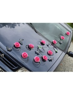 Décoration de voiture de mariage thème fuchsia, noir avec papillon