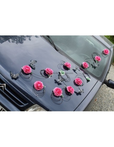 Decoration voiture mariage fuchsia noir papillon