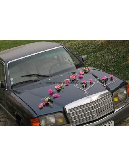 Belle décoration de voiture de mariage thème vert anis fuchsia