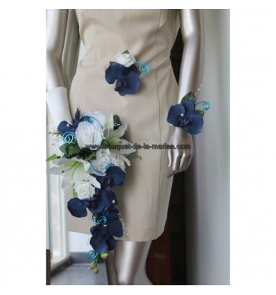 LOT Bouquet mariée, bracelet et boutonniere orchidées bleu royale