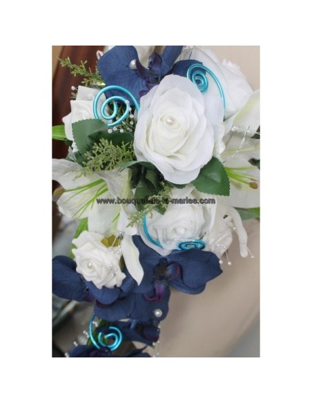 LOT Bouquet Mariée, Bracelet et Boutonnière Orchidée Bleu Royal