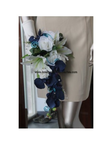 LOT Bouquet Mariée, Bracelet et Boutonnière Orchidée Bleu Royal