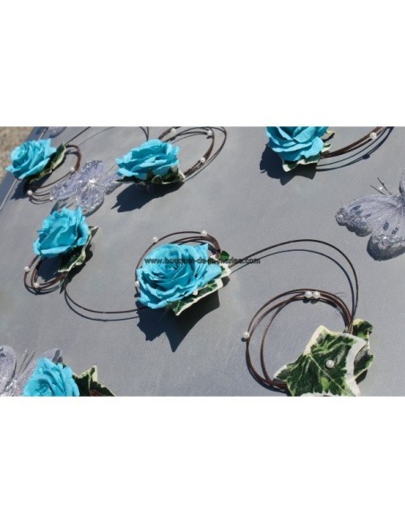 Décoration voiture de mariée turquoise-chocolat papillons