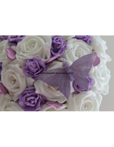 Bouquet mariée blanc et parme avec cœurs, papillons et diamants