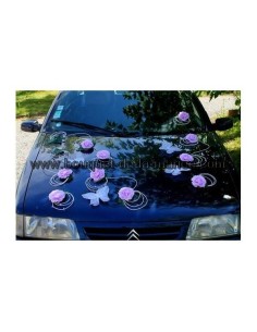 Décoration de voiture de mariage avec papillon parme et roses
