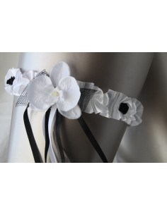 Unique Jarretière blanche et noir avec orchidée et rubans 2