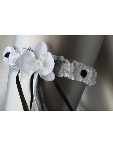 Unique Jarretière blanche et noir avec orchidée et rubans