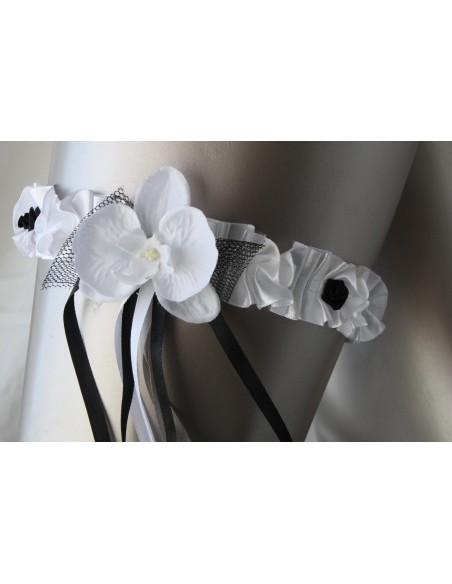Unique Jarretière blanche et noir avec orchidée et rubans