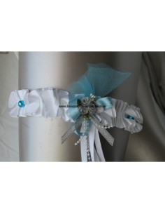 Jarretière blanche, turquoise, argent avec des rubans, tulle, perles 2