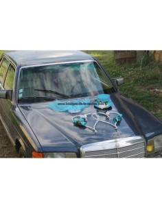 Splendide décoration de voiture de mariage thème turquoise et blanc