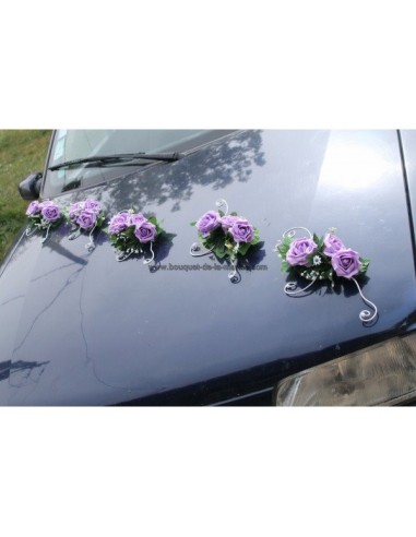 5 Compositions florales pour voiture de mariage thème parme, argent