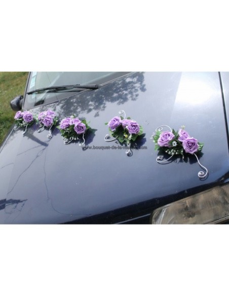 5 Compositions florales pour voiture de mariage thème parme, argent