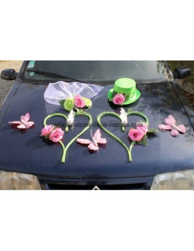 Composition voiture mariage vert et rose