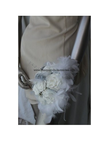 Bouquet de mariée thème blanc, argent avec roses, strass et perles