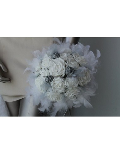 Bouquet de mariée thème blanc, argent avec roses, strass et perles