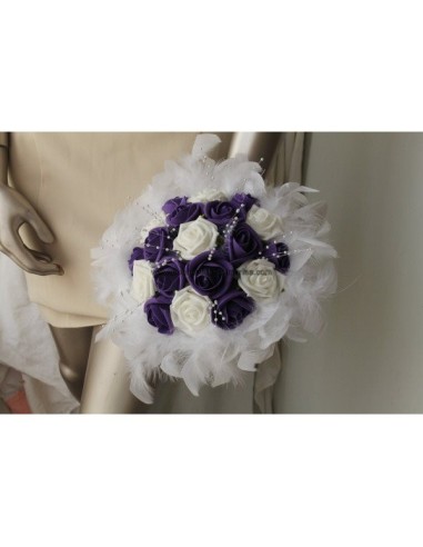 Bouquet mariée violet et blanc plumes et perles