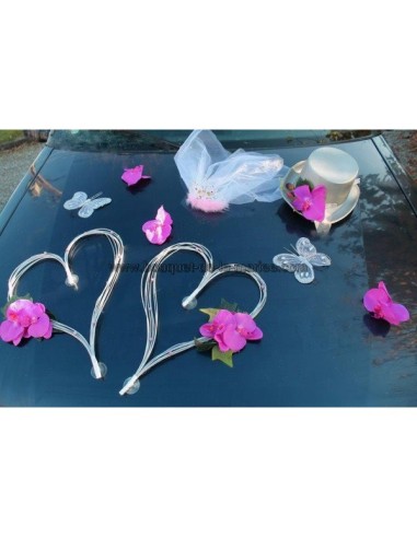 Décoration voiture mariage orchidées et cœurs gris et fuchsia