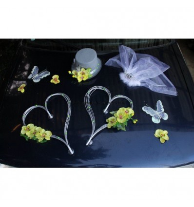 Décoration voiture mariage orchidées et cœurs gris et vert anis