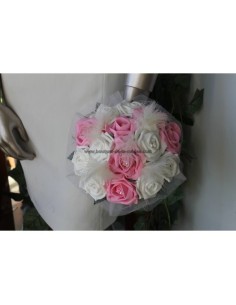 PROMO Bouquet mariée rond ivoire et rose avec des plumes et perles
