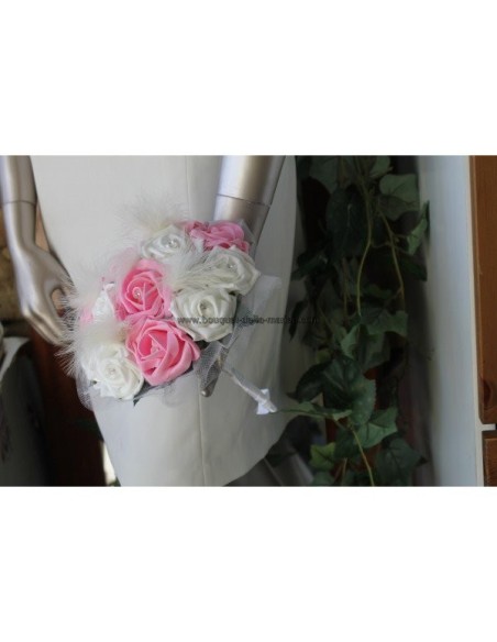 PROMO Bouquet mariée rond ivoire et rose avec des plumes et perles