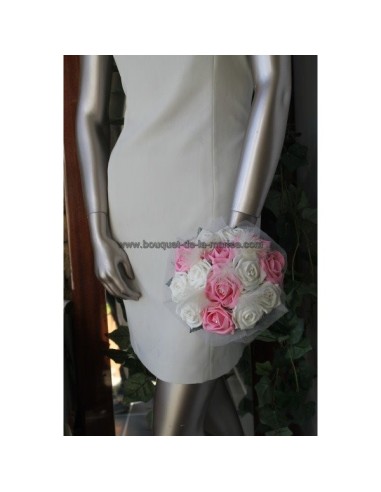 PROMO Bouquet mariée rond ivoire et rose avec des plumes et perles