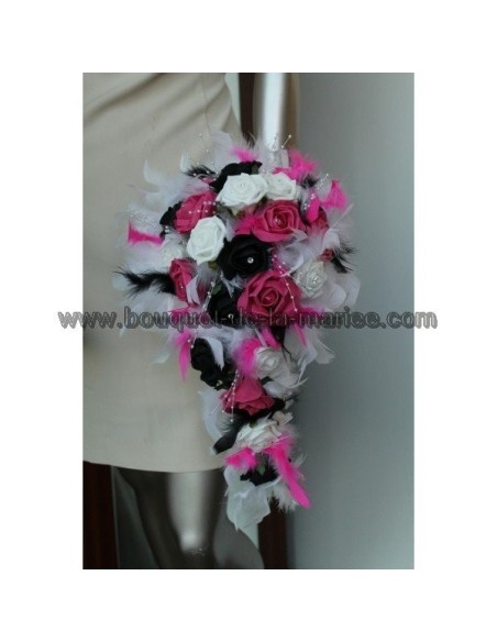 Bouquet marié cascade thème blanc et noir avec fuchsia et plumes