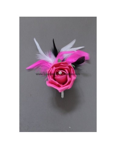 Boutonnière mariage marié fuchsia noir plumes