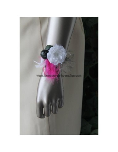 bracelet pour mariage fuchsia et noir plumes et perles