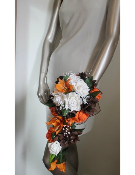 Bouquet Mariage Cascade thème Chocolat Orange avec roses et lys