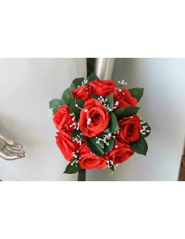 Bouquet Mariée Rond avec belles Roses Rouges, Gypsophile, perles