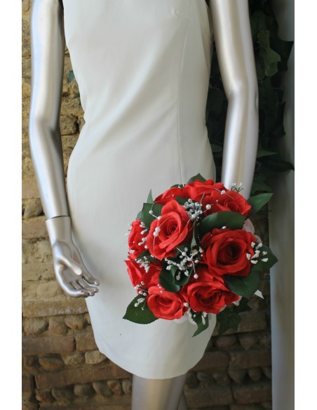 Bouquet Mariée Rond avec belles Roses Rouges, Gypsophile, perles