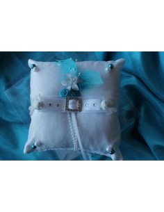 Coussin d'alliances personnalisé pas cher, thème blanc turquoise