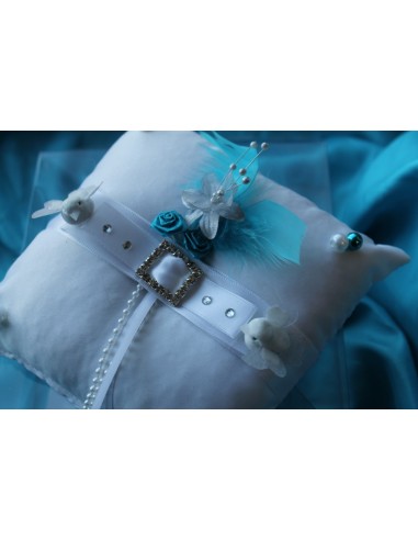 Coussin d'alliances personnalisé pas cher, thème blanc turquoise