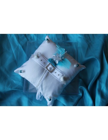 Coussin d'alliances personnalisé pas cher, thème blanc turquoise