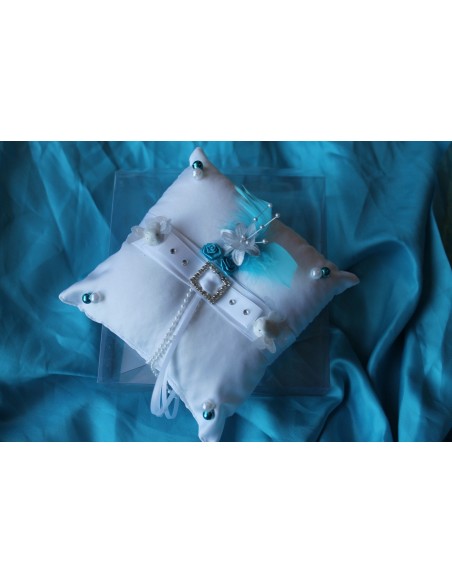 Coussin d'alliances personnalisé pas cher, thème blanc turquoise