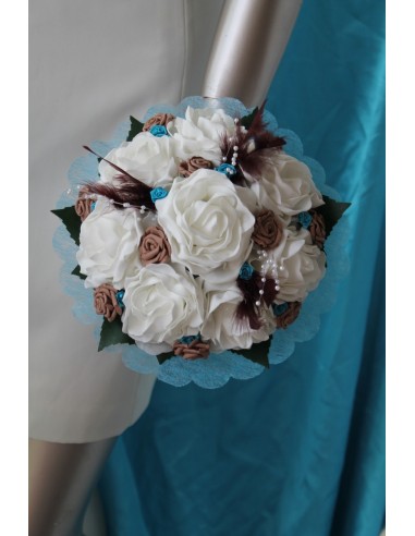 Bouquet de Mariée Rond thème Voyage avec plumes, perles et roses