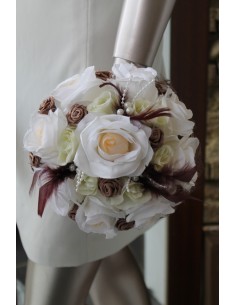 Bouquet de Mariée "Champêtre" avec belles roses, plumes et perles