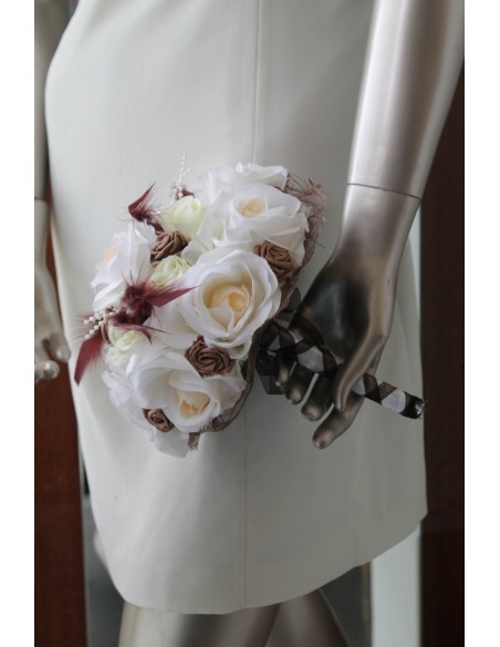Bouquet de Mariée "Champêtre" avec belles roses, plumes et perles