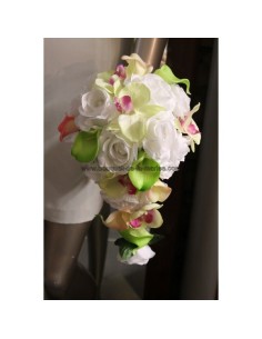 Bouquet de mariée + 1 boutonnière pour mariage rose et anis