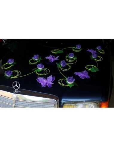 Décoration voiture mariage papillon couleur violet et vert