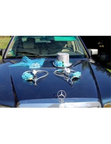 Splendide décoration de voiture de mariage thème turquoise et argent