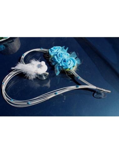 Splendide décoration de voiture de mariage thème turquoise et argent