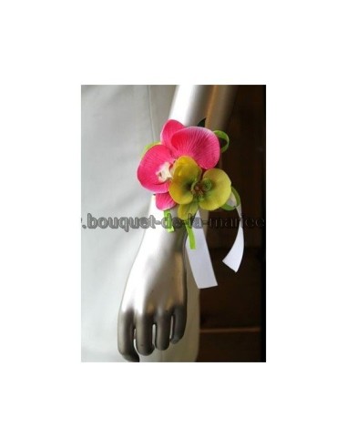 Pour mariage: Bracelet d'orchidée fuchsia et vert anis